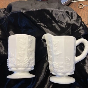 Vintage Milk Glass Creamer & Sugar Bowl Westmoreland Grape Pattern Marked - Picture 1 of 5