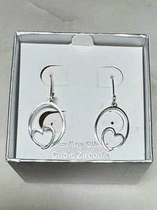 NIB 925 Sterling Silver Heart In Hoop Dangle Drop Earrings New - Picture 1 of 6