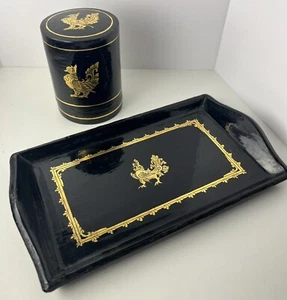 Vintage Burmese Betel Box Gold And Black Lacquer Bird Design With Tray - Picture 1 of 15