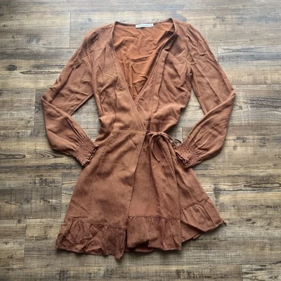 Vestido Abercrombie & Fitch Óxido/Marrón Puño Calado Manga Larga Punteado Envolvente Talla Pequeña Foto 1 de 4
