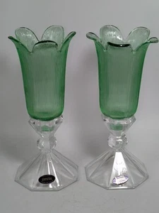 DePlomb Lead Crystal Candle Sticks Hexagonal Base Pair 4” Green Peg Votive Sconc - Picture 1 of 5