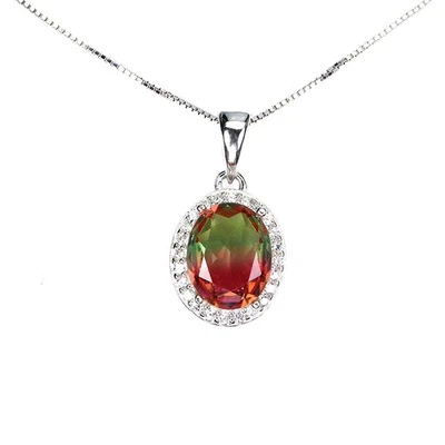925 Sterling Silver Necklace Tourmaline Synthetic Watermelon 10x8mm Jewelry - Image 1 of 4