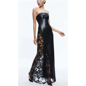 ALICE + OLIVIA Retha trägerloses veganes Leder schwarz Pailletten Kleid Maxikleid Gr. 0 - Bild 1 von 23