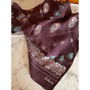 Vintage Echo Silk Oblong Scarf Feather Print Burgundy Multicolor 46x15 |80s 90s - Picture 1 of 3