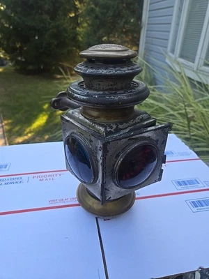 Antique Model T Ford Kerosene Lantern JNO. W Brown Mfg. Model 115 Red Blue Clear - Image 1 of 4