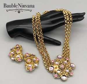 VTG Jose Maria Barrera Avon Gold Pink&Purple Reflections Necklace&Earrings Set - Picture 1 of 8