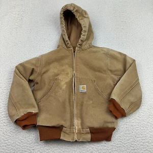 Carhartt Jacket Full-Zip Washed Duck Active Hooded Boys Small Tan Cotton *READ* - Picture 1 of 12