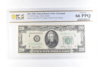 1950 $20 Cleveland OH FRN Fr#2059-D Gem Unc 66 PPQ PCGS *6059 - Image 1 of 3