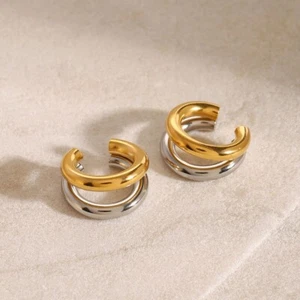 1 Pair Woman 18K Gold Plated 2 Layers Earring Ear Cuff Cartilage Non Pierced - Picture 1 of 5