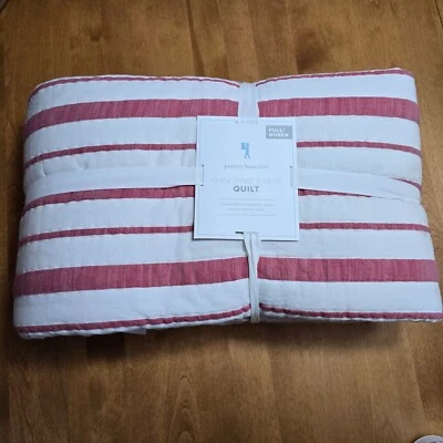POTTERY BARN KIDS RED YARN-DYED COTTON STRIPED HANDCRAFTED QUILT ~ QUEEN - Image 1 of 4