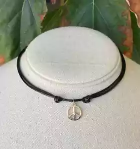 Stainless Steel Peace Sign 1.5mm Black Adjustable Cord Necklace - Picture 1 of 4