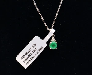 925 Sterling Silver Emerald & Cubic Zirconia Pendant Chain Link Necklace - Picture 1 of 4