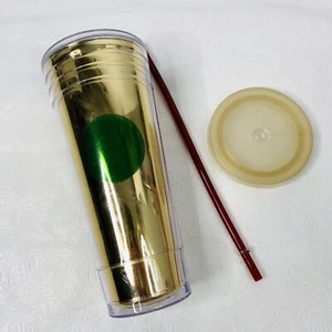 Starbucks Cold Cup Gold Foil Green Dot Holiday Logo Venti 24oz w Lid and Straw - Imagen 1 de 9