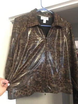 Joseph Ribkoff 12 Brown Zip Up Shiney Leopard Print Veston Jacket R1 - Image 1 of 4