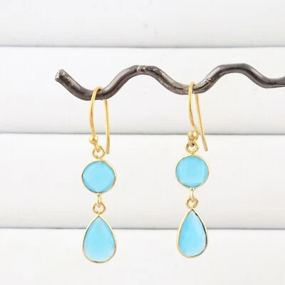 Pendiente hecho a mano calcedonia azul cielo chapado en oro amarillo bisel ajuste pendiente Foto 1 de 3