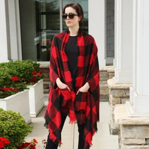 NEW Womens Red & Black Buffalo Check Plaid Pattern Ruana Kimono Shawl w/ Pockets - Picture 1 of 4