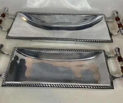 2 platos de metal para servir detalle de cuerda cuentas marrones 20 x 8 pulgadas y 17 x 7 pulgadas con mango de dos Foto 1 de 4