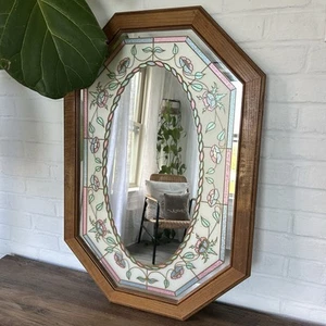VTG 1980s Octagon Accent Mirror Colored Stained Glass Floral Etched 31.5"x21.5" - Picture 1 of 12