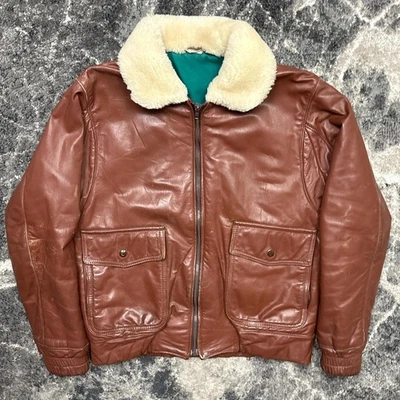复古 LL Bean 皮革夹克女式 8 中号轰炸机 G1 棕色美国制造夏尔巴人 — 第 1/4 张图片