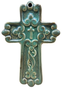 Vintage schönes hängendes meliertes grünes Keramik Keltenkreuz 6,5"x4,5", EUC - Bild 1 von 14