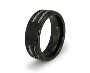 Banda de boda negra titanio con doble incrustación de cable para hombre 8 mm | grabado gratuito - Imagen 1 de 4