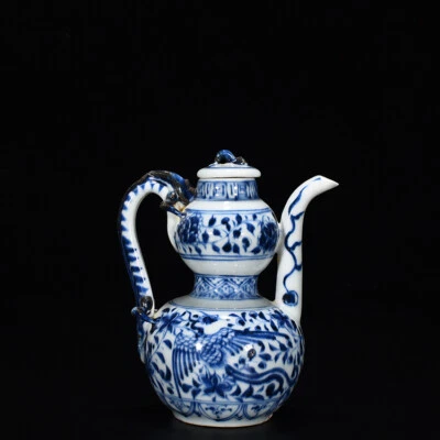 5.5" Antique yuan dynasty blue white porcelain phoenix pattern gourd teapot - Image 1 of 4