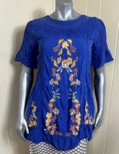 Free People Woman's Blue Blouse Tunic Top Size S Bohemian Embroidered Crochet - Picture 1 of 18