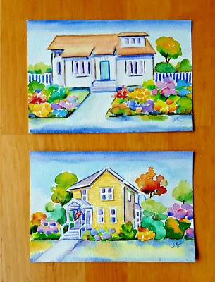 2 casas americanas de acuarela originales con pinturas de paisaje de jardín firmadas Foto 1 de 2