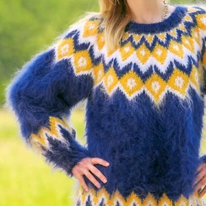 Blue mohair sweater Icelandic crewneck hand knit soft Nordic jumper SuperTanya - Picture 1 of 8