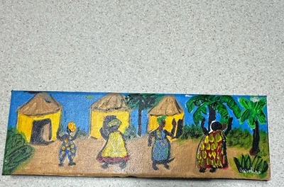 "Lienzo de arte popular africano pintado a mano, escena de pueblo, panel original 12""x4""" Foto 1 de 4