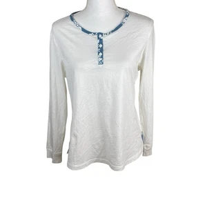 Garnet Hill Pima Cotton Long Sleeve Shirt Womens Med Preppy Luxury Blue Trim - Picture 1 of 10