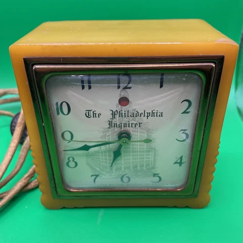 Vintage The Philadelphia Inquirer Desk Clock 8007 Work Bakelite Warren Telechron Cover