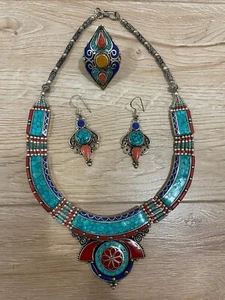 Vintage Tibetan Nepalese Turquoise, Coral Necklace set with Earrings and a Ring - Picture 1 of 6