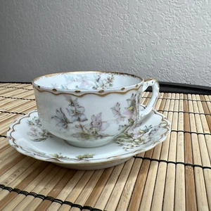 Haviland Limoges France Demitasse Cup & Saucer Set Pink Blue Floral Gold Accents - Picture 1 of 13