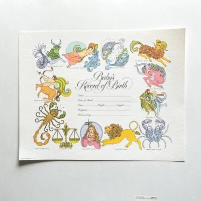 1970s Vintage Zodiac Baby Birth Certificate Shower Gift Customizable Wall Art - Изображение 1 из 4