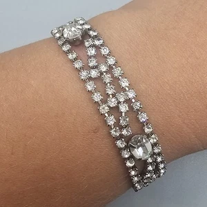 Estate Rhinestone Bracelet Silver Tone Prong Set Crystal Open Work 7" - Picture 1 of 8