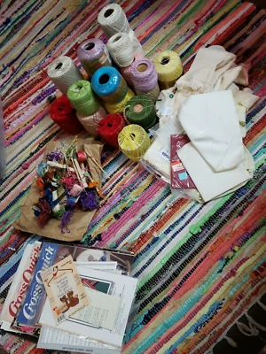 Craft Bin Lot Cross Stitch Crochet Thread Floss Cloth Patterns Booklets - Image 1 of 4