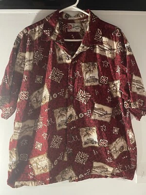 Vintage Hilo Hatties Button Down Shirt XL Red Hawaiian Turtle Surfboard Woody - Image 1 of 4
