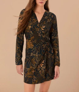 NWT Farm Rio Gold Blue Floral Forest Wrap Mini Dress Long Sleeve Size M - Picture 1 of 13