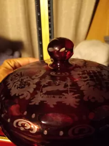 Stunning Antique 1920'S Czechoslovakia Ruby Red Etched Glass Bowl w/ Lid - Picture 1 of 9