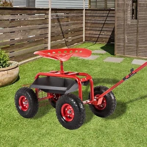 Rolling Garden Scooter Garden Cart With 360 Swivel Seat Wheels Tool Tray Red - Picture 1 of 7