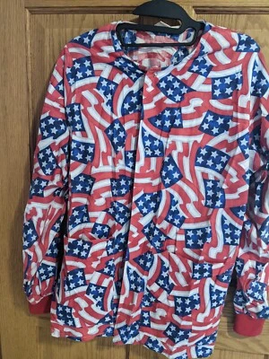 Vtg patriotic scrub jacket size Small  US flag stars & stripes uniform Nursing - Image 1 of 4
