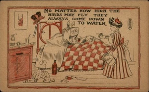 Postal humorística vintage - pájaros y agua - sin usar - resaca alcohol de principios de 1900 - Imagen 1 de 2