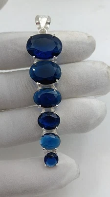 Handmade Blue Sapphire Pendant – Silver Plated Blue Gemstone Jewelry Gift  - Image 1 of 3