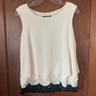 Blusa Vera Moda Oficina Fiesta Tanque Pájaro Talla Pequeña Lentejuelas Negras Foto 1 de 4