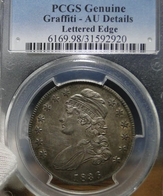 Монета номиналом 50 центов 1836 с изображением бюста и крышкой почти не бывшая в обращении, PCGS AU детализация - Изображение 1 из 4