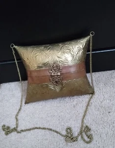 Vintage Pillow Purse Evening Bag Brass & Copper Blue Velvet Lining - Picture 1 of 9