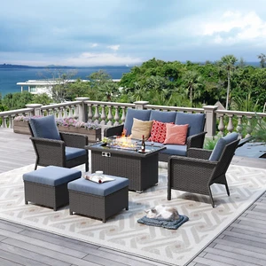 7Pcs Outdoor Patio Furniture Set with 44" Gas Fire Pit Table, PE Wicker Patio Co - Picture 1 of 12