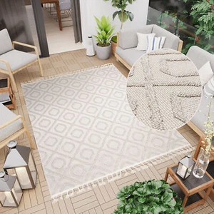 Alfombra Tela Plana 3D Estructura Interior Exterior Beige Geométrica Flecos Balcón - Imagen 1 de 11