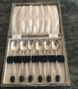 VINTAGE BOXED SET 6 EPNS SILVER PLATE BAKELITE COFFEE BEAN HANDLE SPOONS - Picture 1 of 11